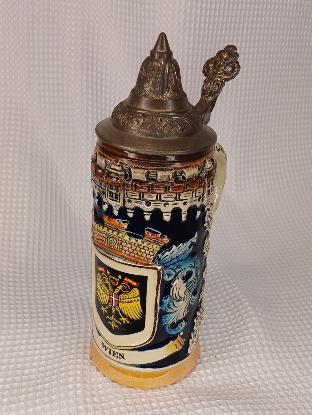 Vintage Wien (Vienna) German-Style Ceramic Beer Stein with Hinged Pewter Lid